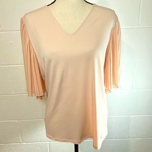 Calvin Klein Pale Pink V-Neck Blouse with Pleated Fan Sleeves